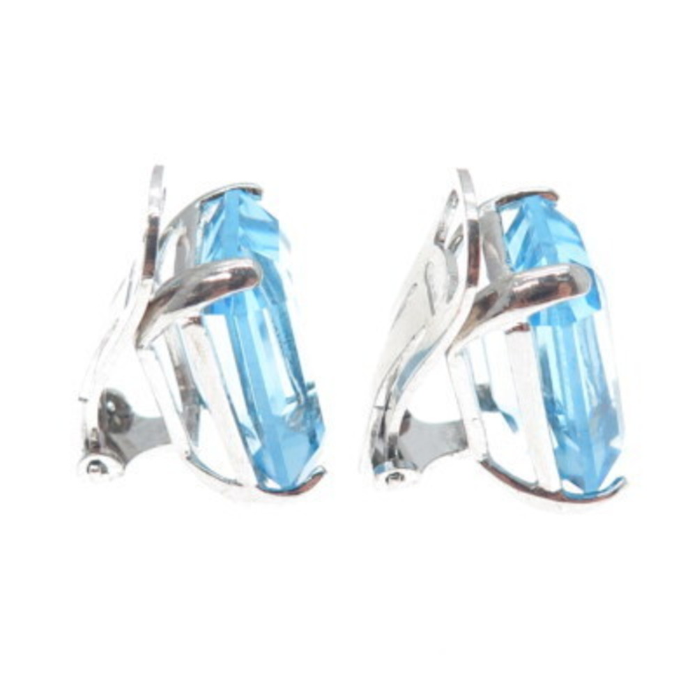 925 Sterling Silver Vintage Italy Emerald-Cut Nano Blue Topaz Clip On Earrings - Picture 5 of 8